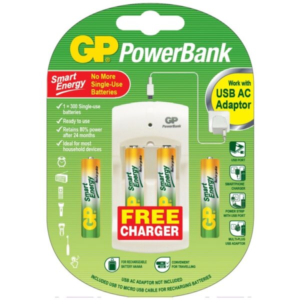 GP PowerBank PB310 USB Charger with 2 x AA 1000mAh & 2 x AAA 400mAh Batteries