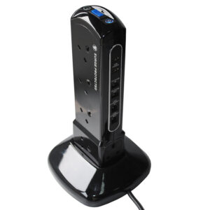 Masterplug USB Charging 10 Gang Surge Protected 2m Extension Power Tower - Black