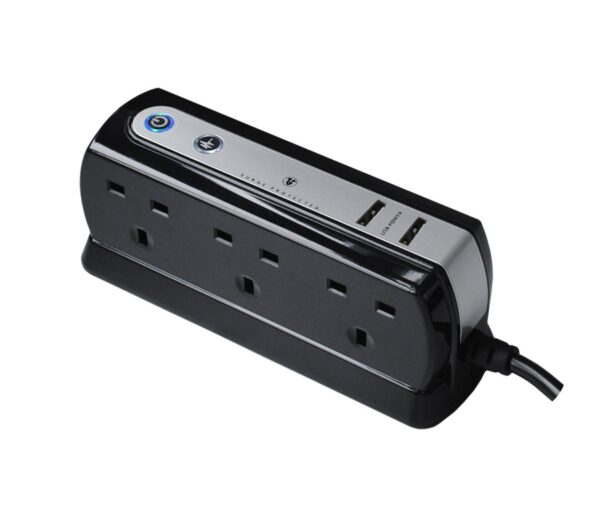Masterplug  2m Surge Protected Extension Lead with 6 Sockets and USB Charging - Black