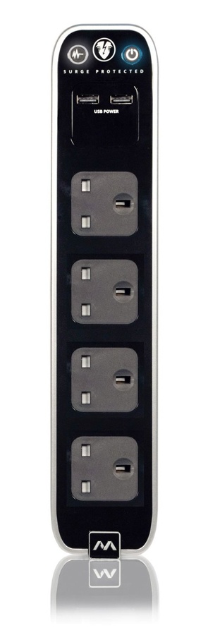 Masterplug 1m Surge Protected Extension Lead USB Power Bar with 4 Sockets and USB Charging - Black