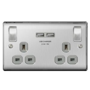 Masterplug Brushed Steel Double Switched Socket with 2 USB Outlets