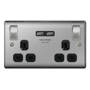 Masterplug Brushed Steel Switched 13A Double Socket + 2 x USB Port - Black Insert