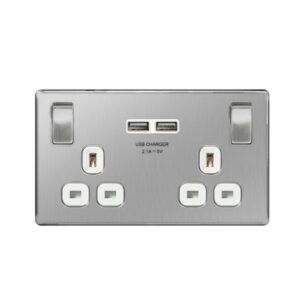 Masterplug 13A 2-Gang Screwless Plate Brushed Steel Twin Socket + 2 x USB Ports - White Insert