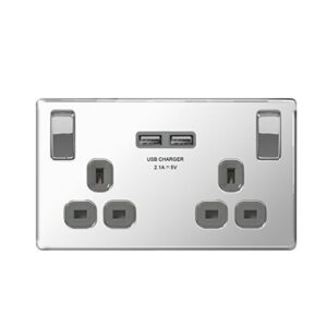 Masterplug Polished Chrome Screwless Plate Switched Double Socket + 2 x USB Port - Grey Insert