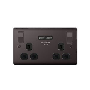 Masterplug 13A 2-Gang Switched Socket + 2 x USB Port - Black Nickel (NBN22UB)