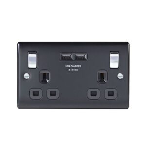 Masterplug Matt Black Switched Double Socket + 2 x USB Port - Black Insert