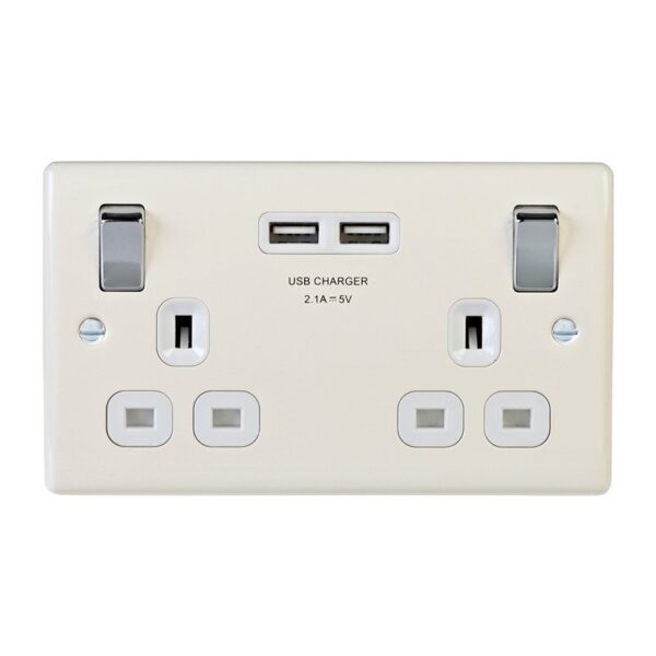 Masterplug Cream Low Profile Switched Double 13A Socket 13A + 2 x USB Port - White Insert