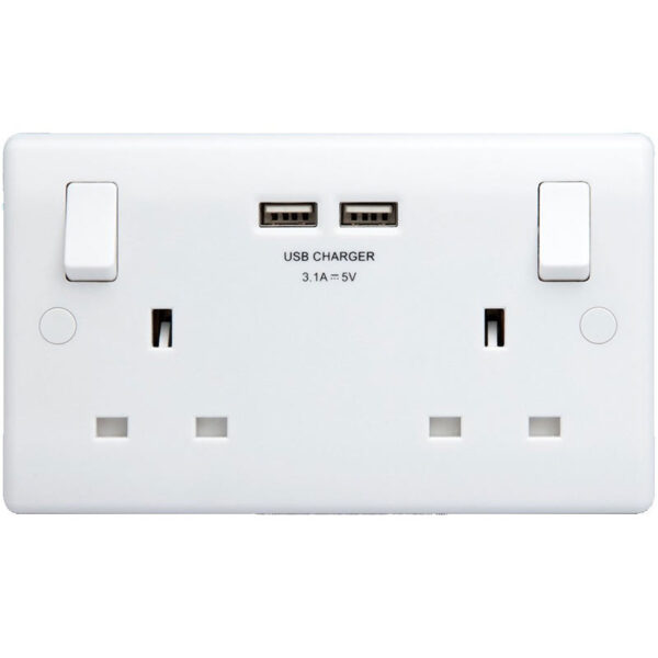 British General Switched 13A Double Socket + 2 x USB Port - White