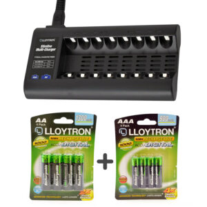 Lloytron Slimline Battery Charger + 4 x AA (1300mAh) & 4 x AAA (900mAh) Batteries Included