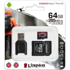 Kingston 64GB Canvas React Plus Micro SD Card (SDXC) UHS-II + Card Reader - 285MB/s